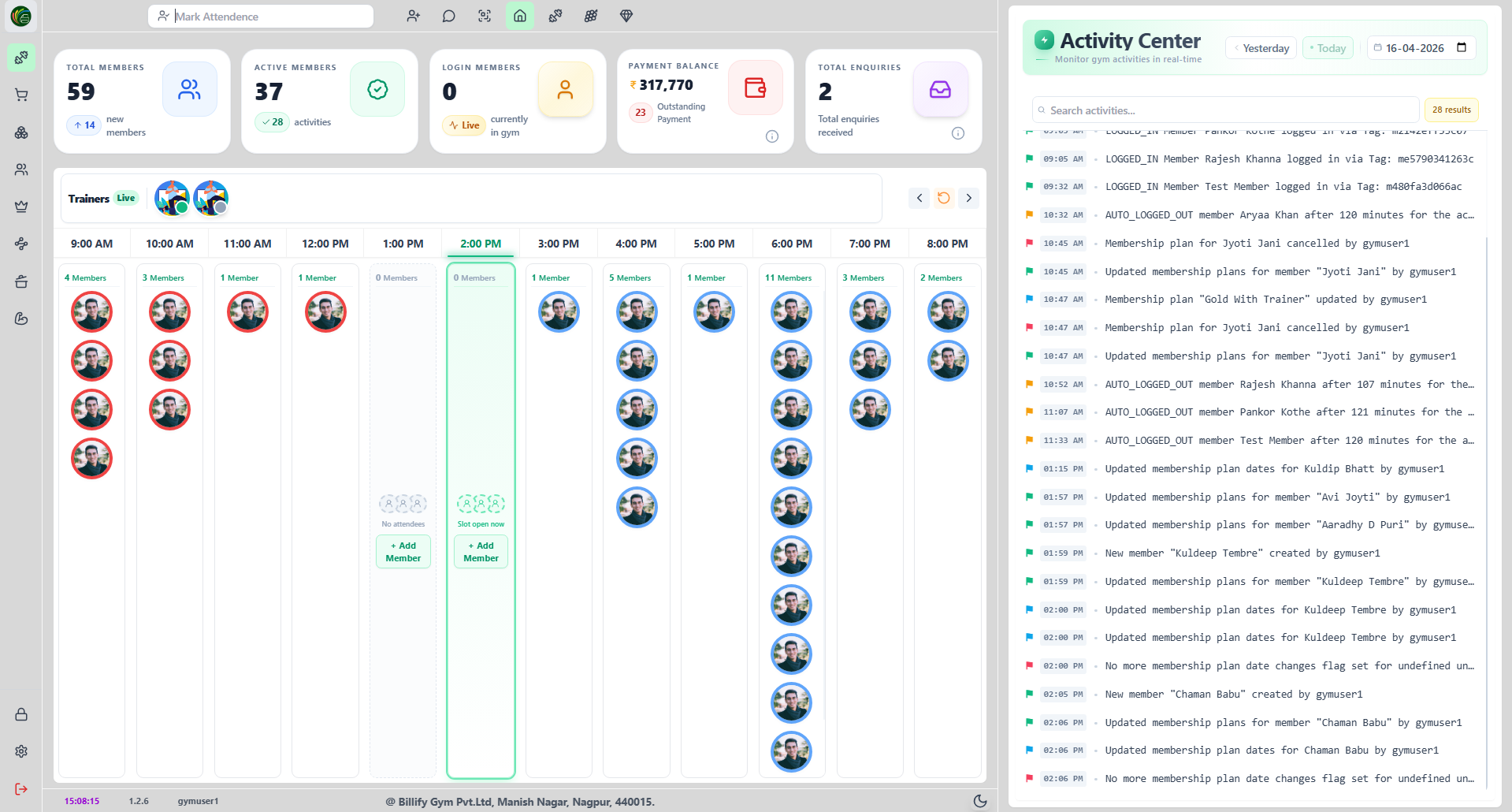 Billify dashboard preview – member overview, check-ins, and renewals